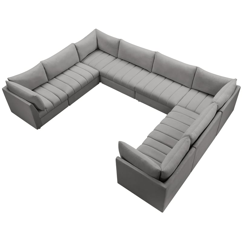 Maklaine Contemporary Velvet Modular Sectional with Deep Channel Tufting in Gray