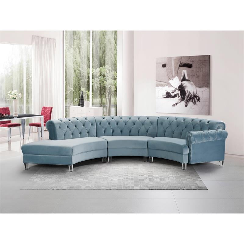 Maklaine Contemporary Sky Blue Velvet 3 Piece Sectional Sofa