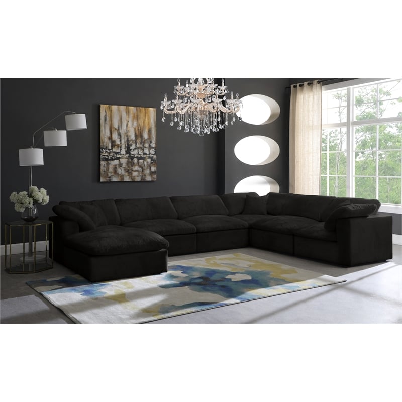 Maklaine Contemporary Black Velvet Down Filled Modular Sectional Sofa