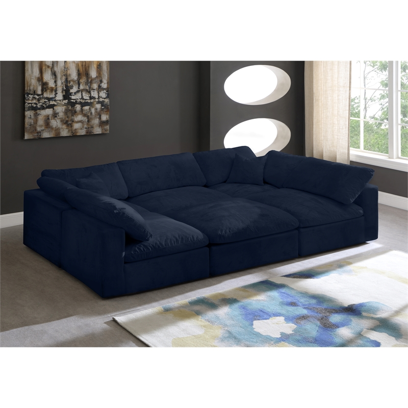 Maklaine Contemporary Navy Velvet Down Filled Overstuffed Modular Sectional Sofa
