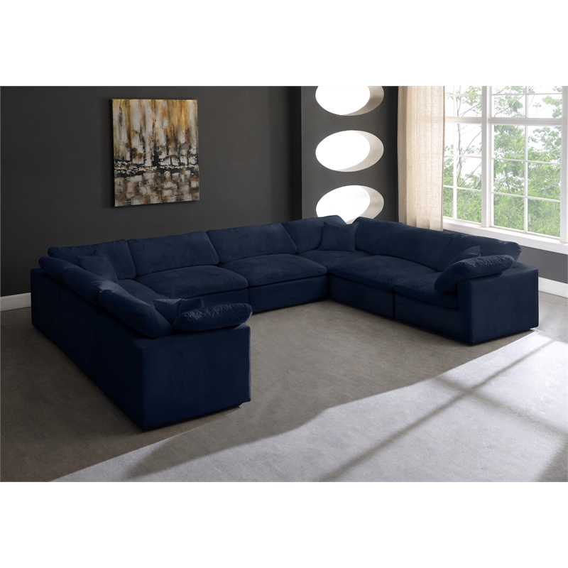 Maklaine Contemporary Navy Velvet Down Filled Overstuffed Modular Sectional Sofa