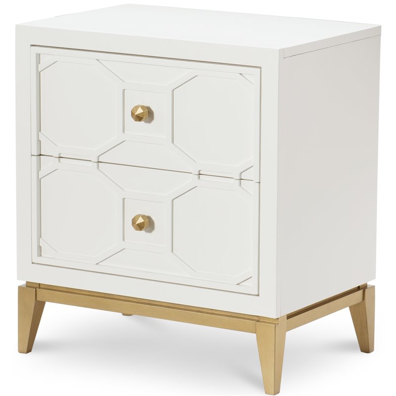 Maklaine Modern Two Drawer Gold Knob Night Stand in White Wood Cymax