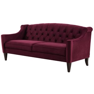 maklaine modern upholstered button tufted sofa in burgundy velvet