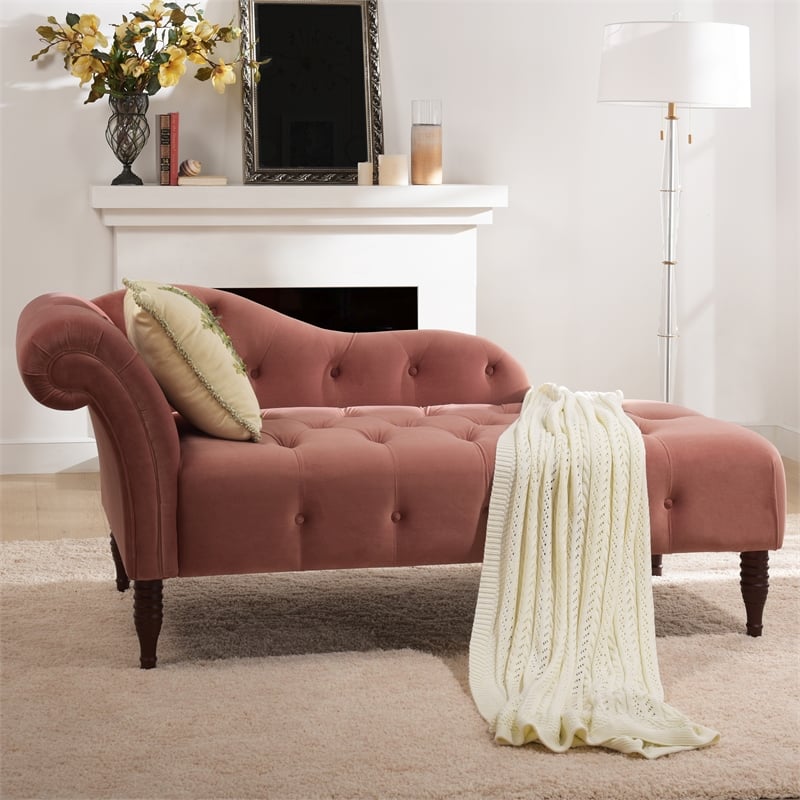 Maklaine Contemporary Hardwood Tufted Roll Arm Chaise Lounge in Ash Rose