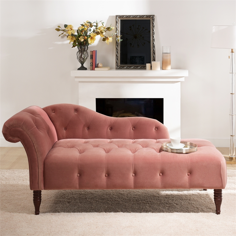 Maklaine Contemporary Hardwood Tufted Roll Arm Chaise Lounge in Ash Rose