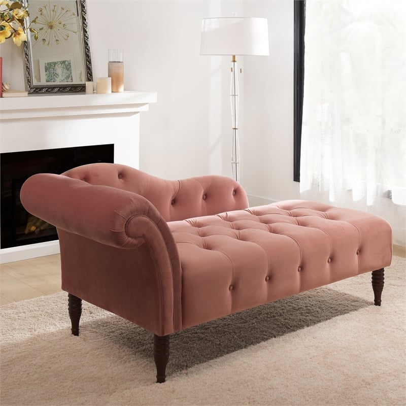 Maklaine Contemporary Hardwood Tufted Roll Arm Chaise Lounge in Ash Rose