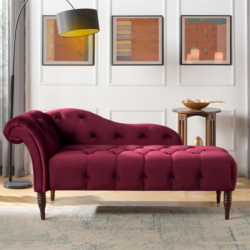 Maklaine Contemporary Hardwood Tufted Roll Arm Chaise Lounge in Burgundy