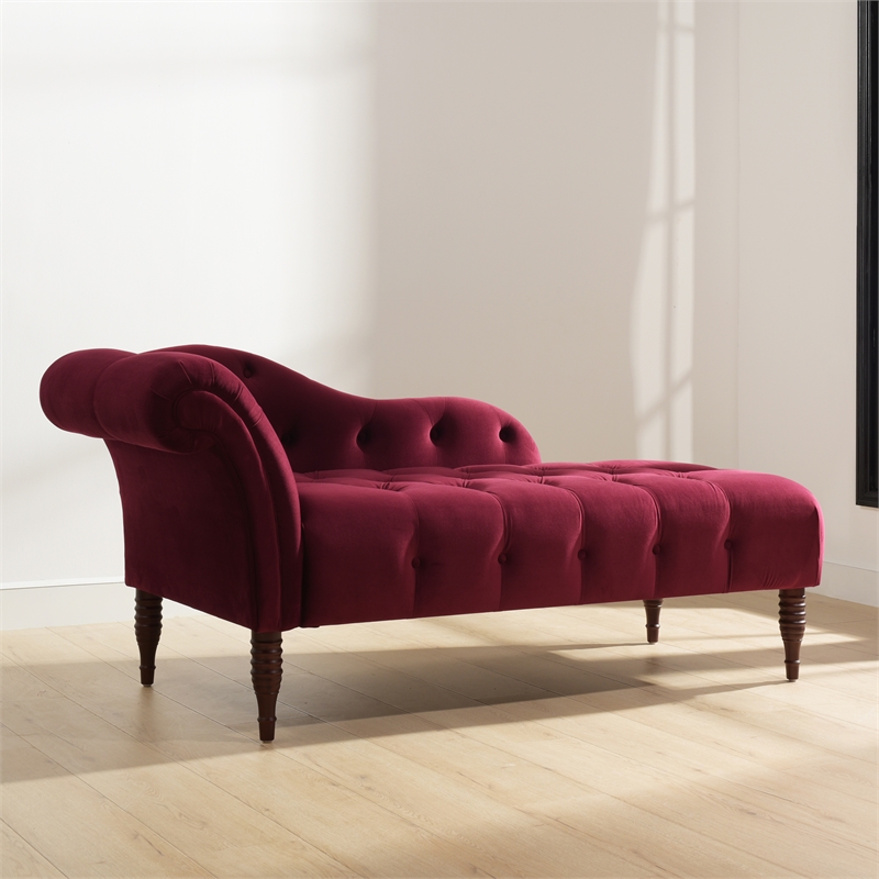 Maklaine Contemporary Hardwood Tufted Roll Arm Chaise Lounge in Burgundy