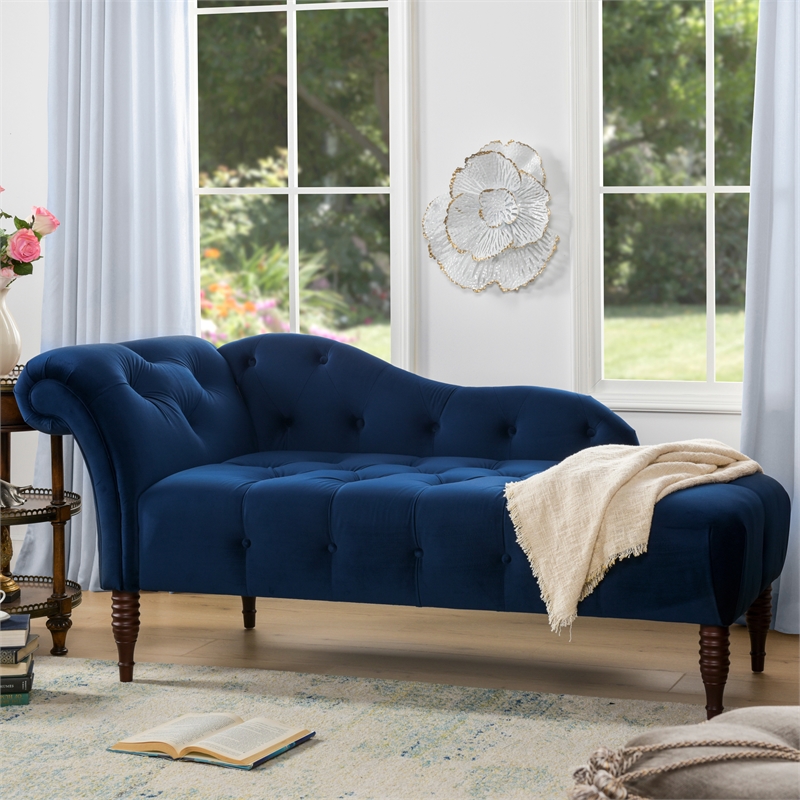 Maklaine Contemporary Hardwood Tufted Roll Arm Chaise Lounge in Navy Blue