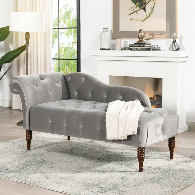 Maklaine Contemporary Hardwood Tufted Roll Arm Chaise Lounge in Opal Grey