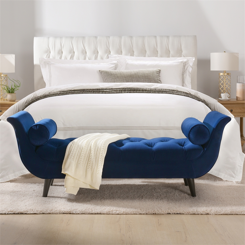 Maklaine Contemporary Tufted Flared Arm Entryway Bench in Navy Blue