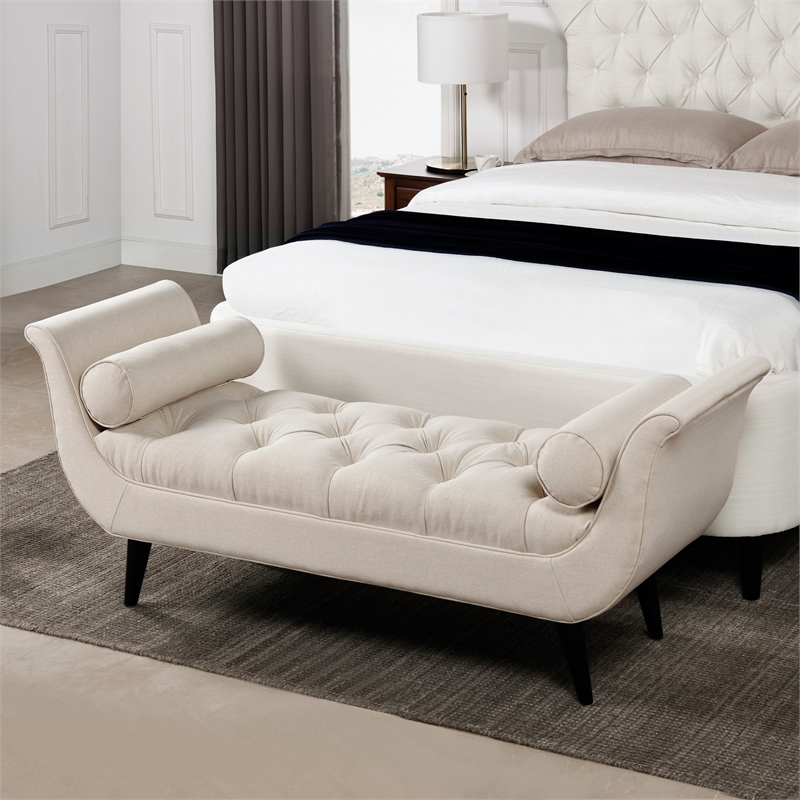 Maklaine Contemporary Tufted Flared Arm Entryway Bench in Cream Polyester