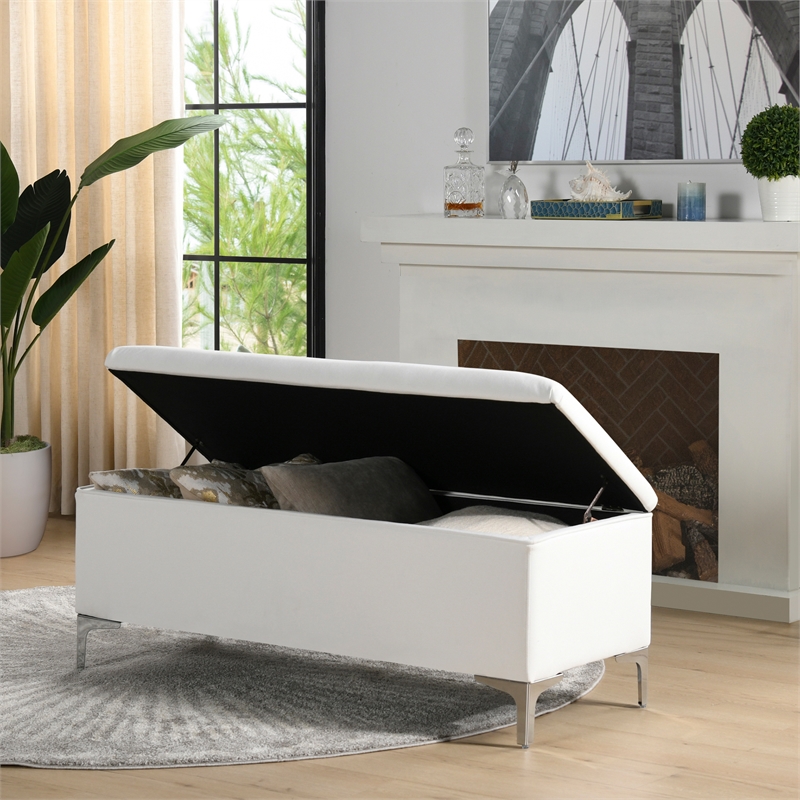 Maklaine Mid-Century Storage Hardwood Bench in Bright White