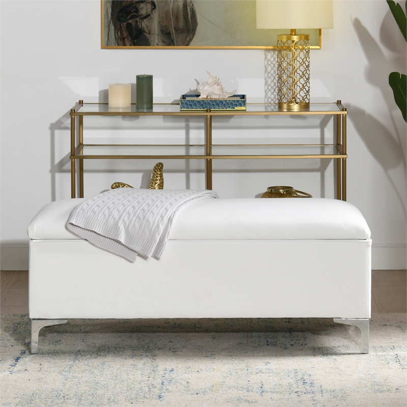 Maklaine Mid-Century Storage Hardwood Bench in Bright White