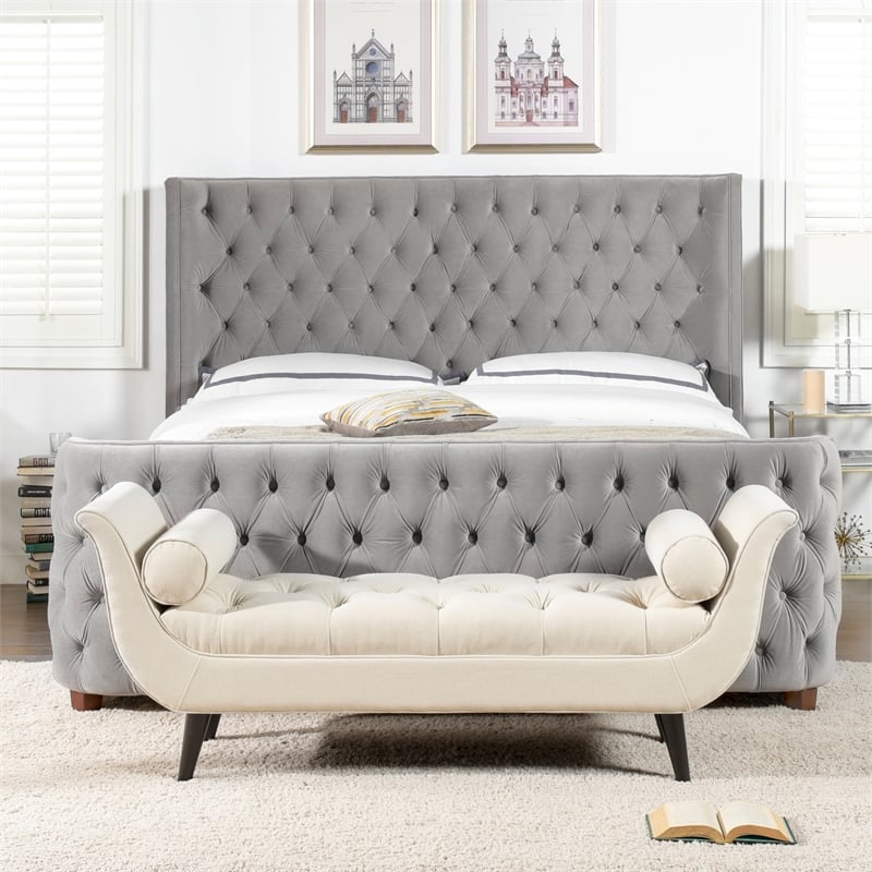 Maklaine Mid-Century King Tufted Hardwood Bed in Opal Grey
