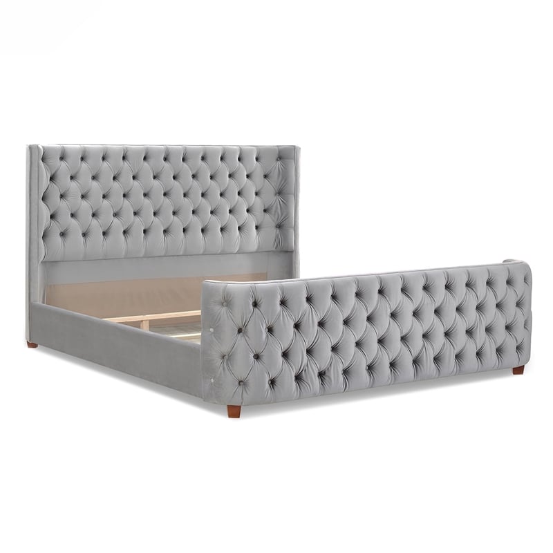 Maklaine Mid-Century King Tufted Hardwood Bed in Opal Grey