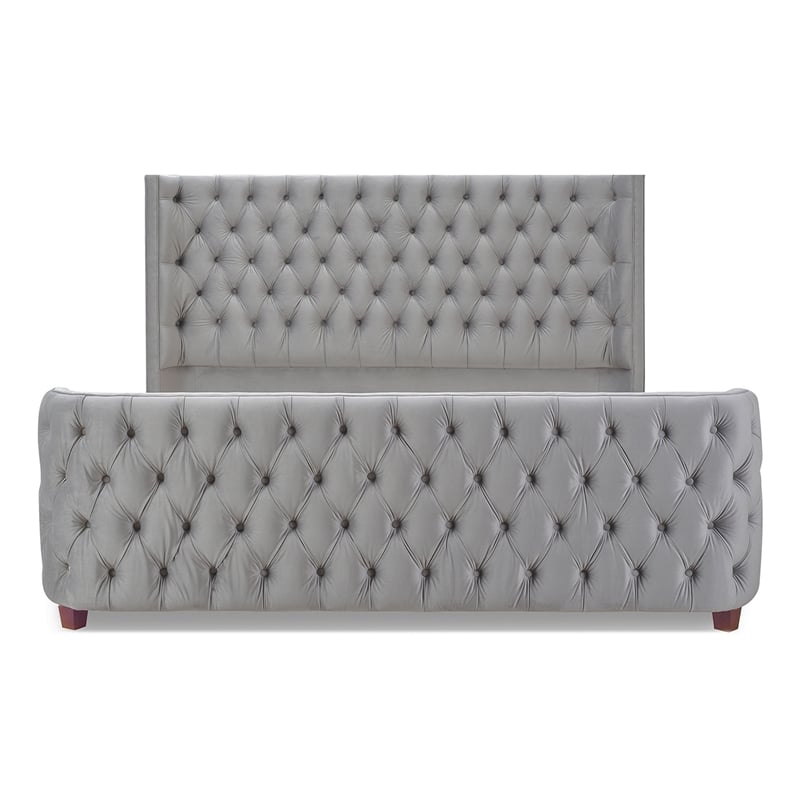 Maklaine Mid-Century King Tufted Hardwood Bed in Opal Grey