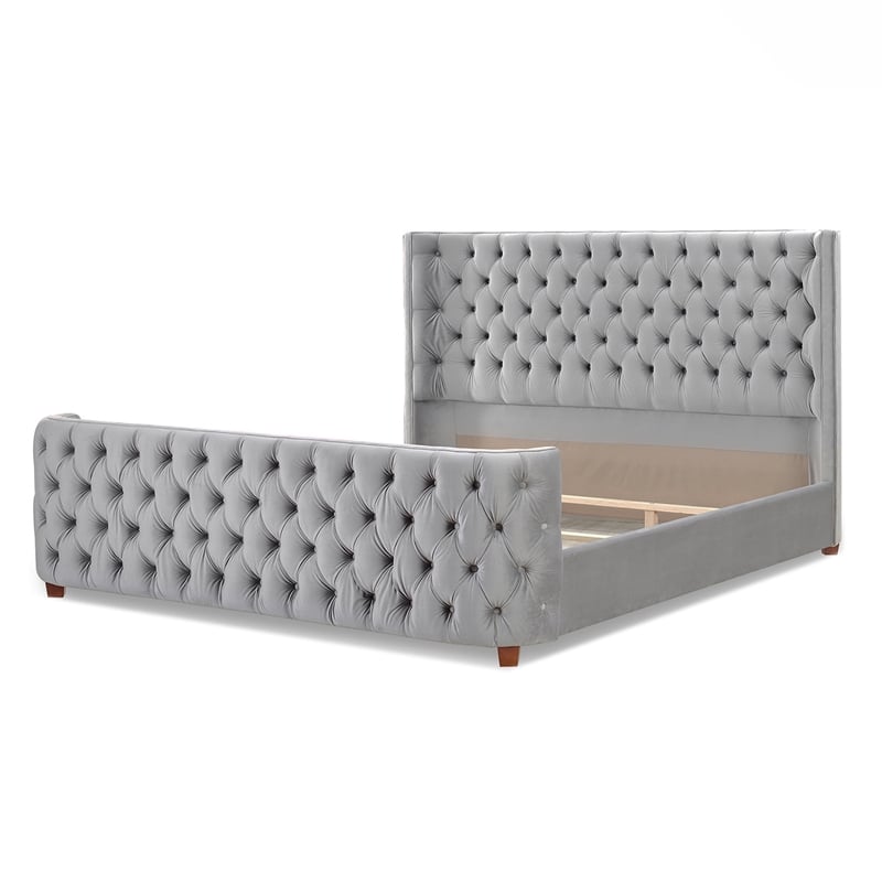 Maklaine Mid-Century King Tufted Hardwood Bed in Opal Grey