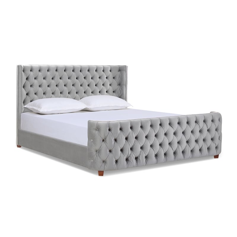 Maklaine Mid-Century King Tufted Hardwood Bed in Opal Grey