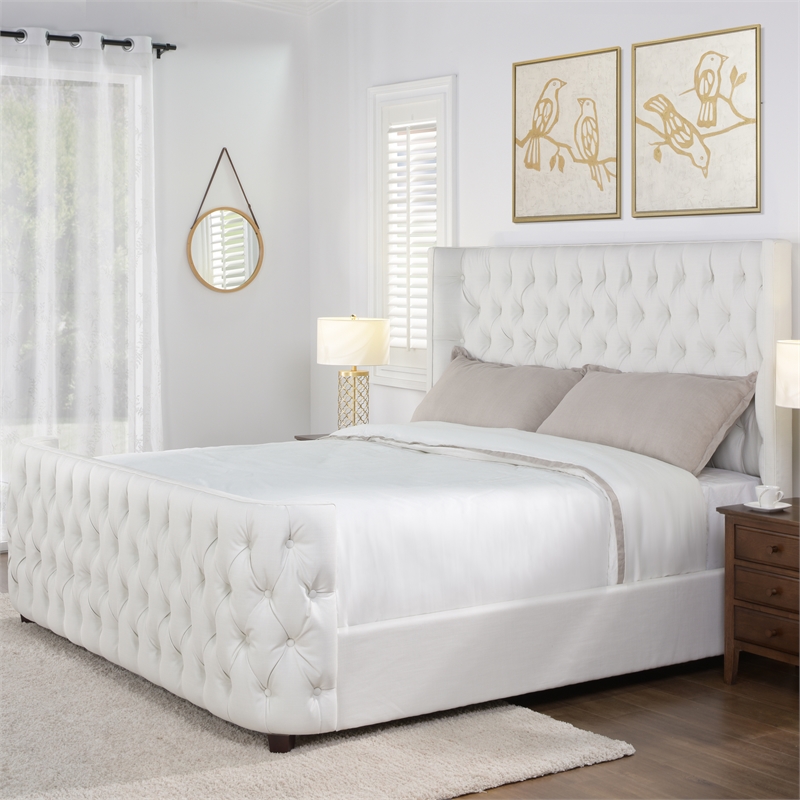 Maklaine Mid-Century King Tufted Hardwood Bed in Antique White