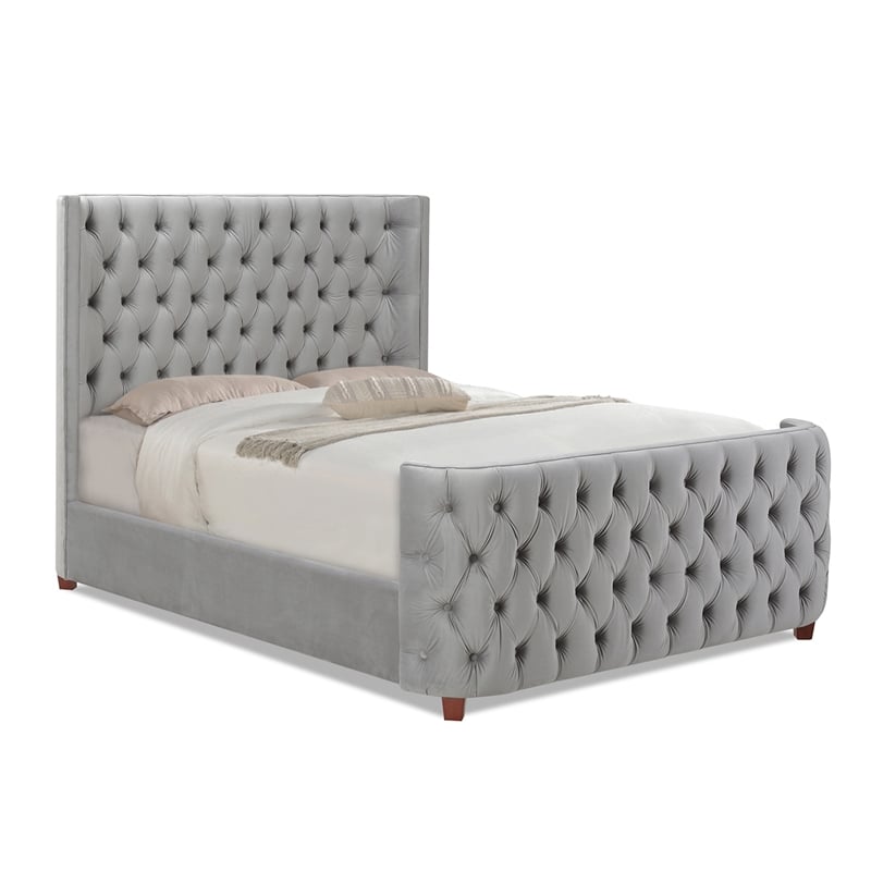 Maklaine Modern Hardwood Queen Tufted Velvet Bed in Opal Grey