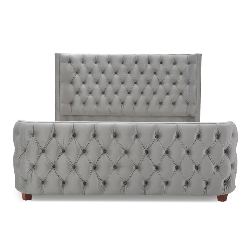 Maklaine Modern Hardwood Queen Tufted Velvet Bed in Opal Grey