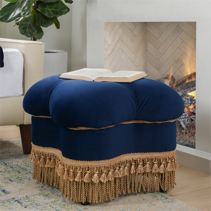 Maklaine Mid-Century Hand-Tufted Hardwood Ottoman in Navy Blue