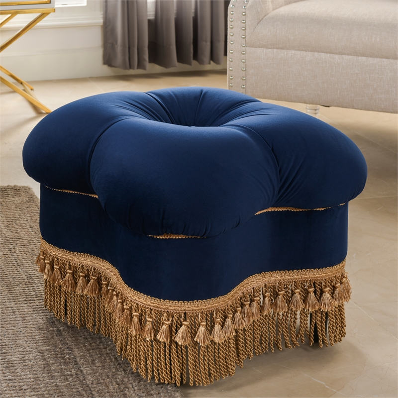 Maklaine Mid-Century Hand-Tufted Hardwood Ottoman in Navy Blue