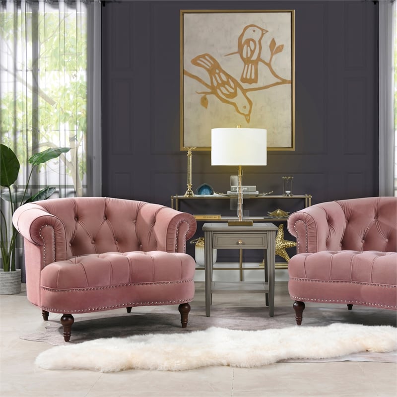 Maklaine Velvet Tufted Accent Chair with Wood Frame in Ash Rose Pink