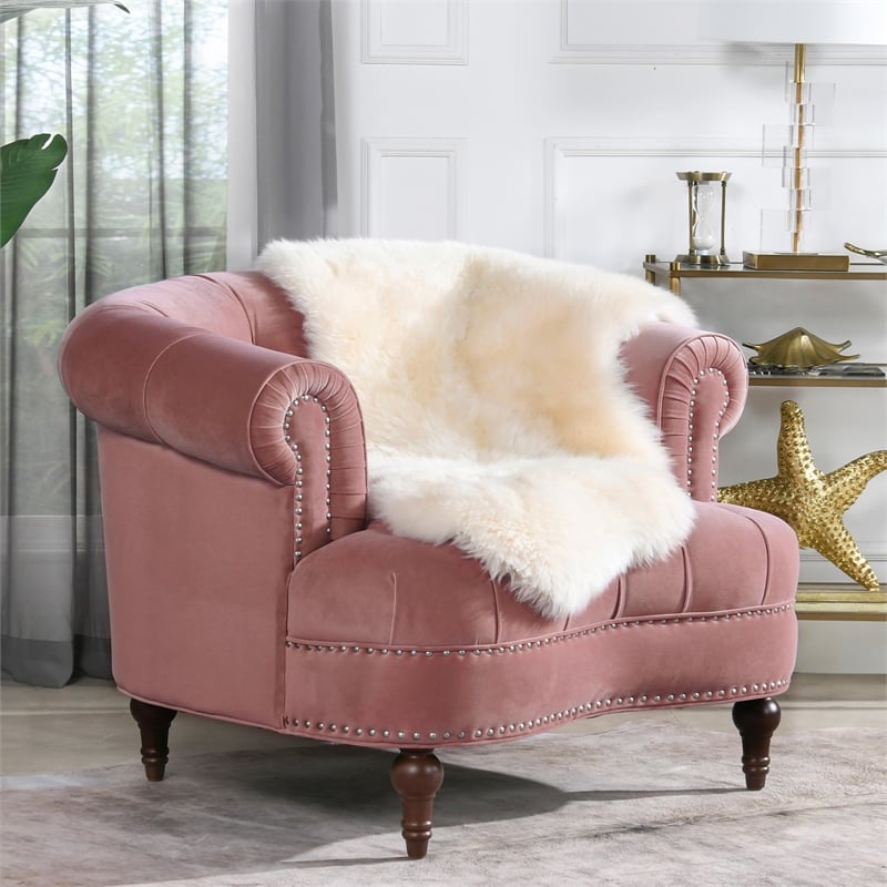 Maklaine Velvet Tufted Accent Chair with Wood Frame in Ash Rose Pink