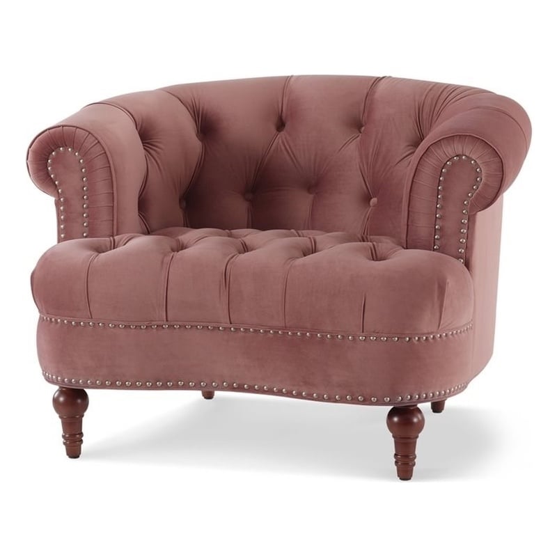 Maklaine Velvet Tufted Accent Chair with Wood Frame in Ash Rose Pink