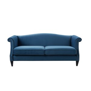 maklaine contemporary camel back sofa nailhead accents in satin teal