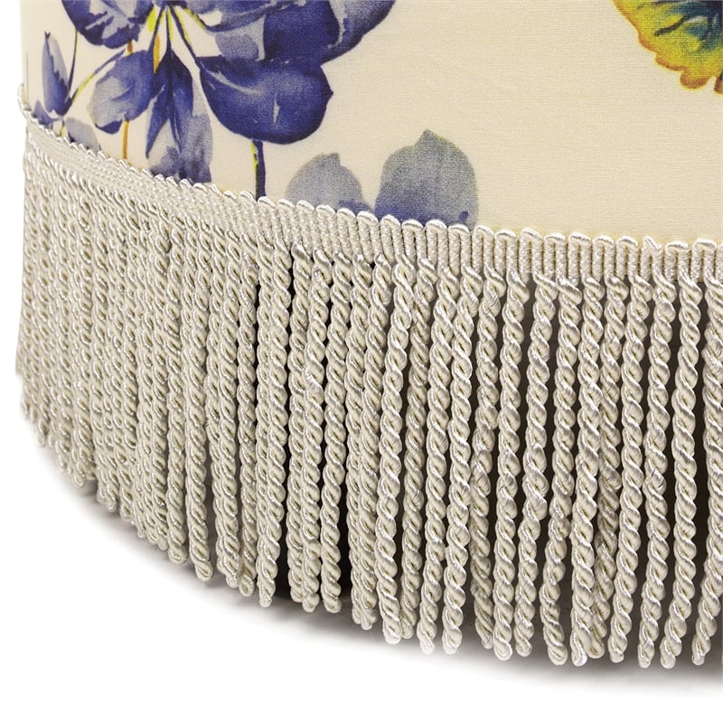 Maklaine Traditional Tufted Decorative Round Ottoman in Off White Floral