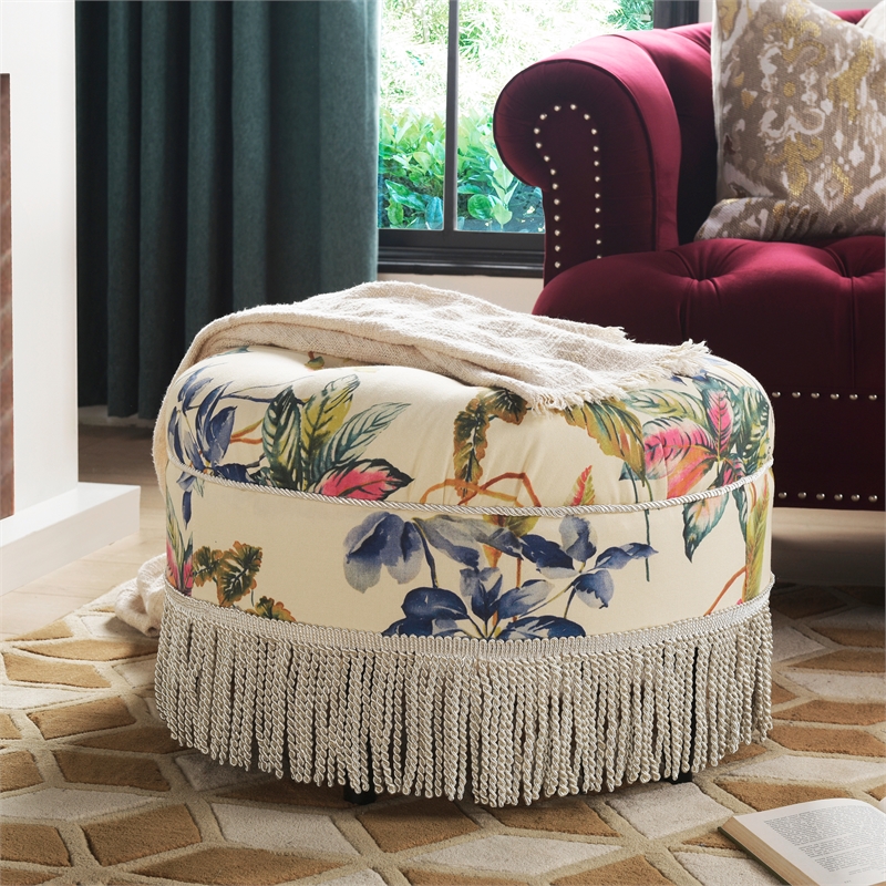 Maklaine Traditional Tufted Decorative Round Ottoman in Off White Floral