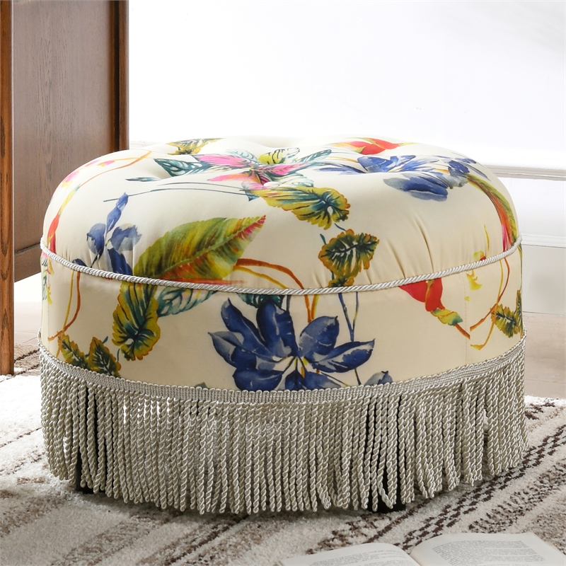 Maklaine Traditional Tufted Decorative Round Ottoman in Off White Floral