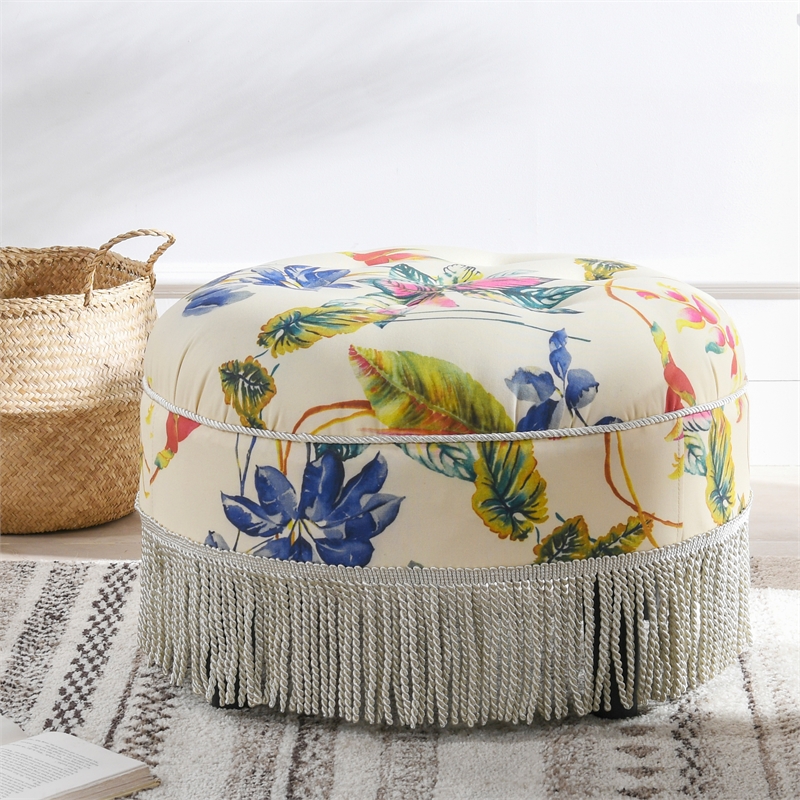 Maklaine Traditional Tufted Decorative Round Ottoman in Off White Floral