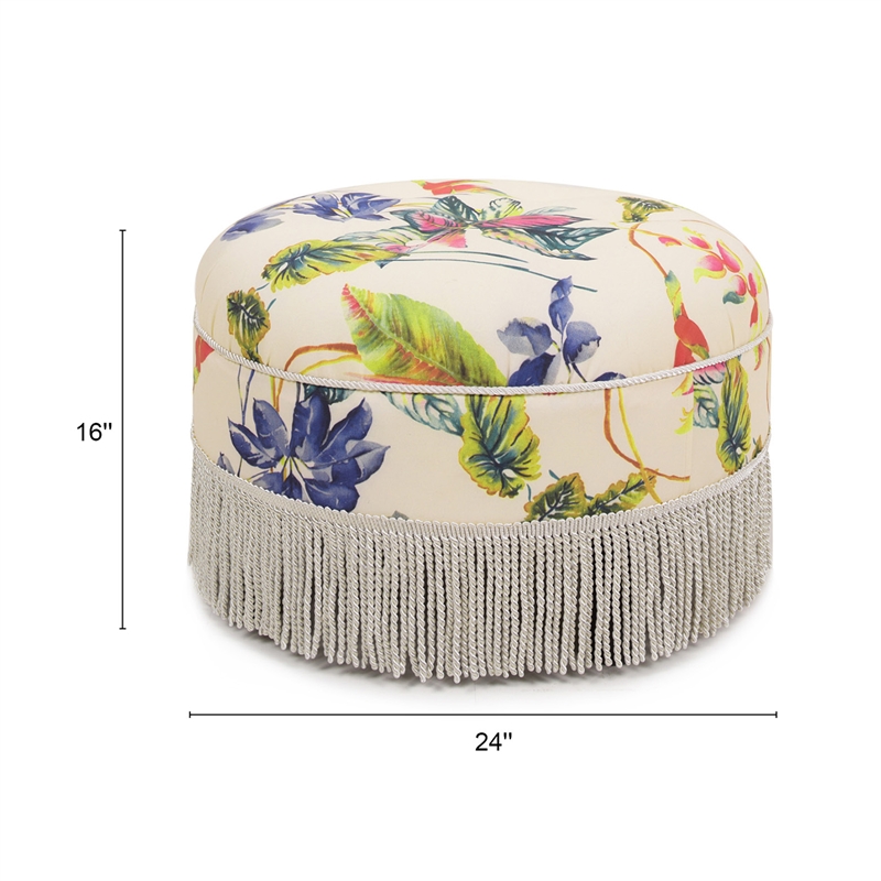 Maklaine Traditional Tufted Decorative Round Ottoman in Off White Floral