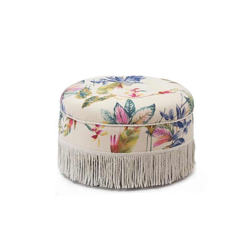 Maklaine Traditional Tufted Decorative Round Ottoman in Off White Floral