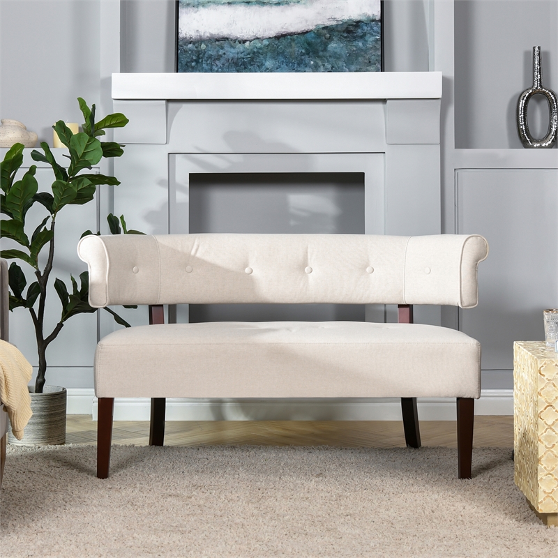 Maklaine Modern Roll Arm Tufted Polyester Fabric Bench in Cream