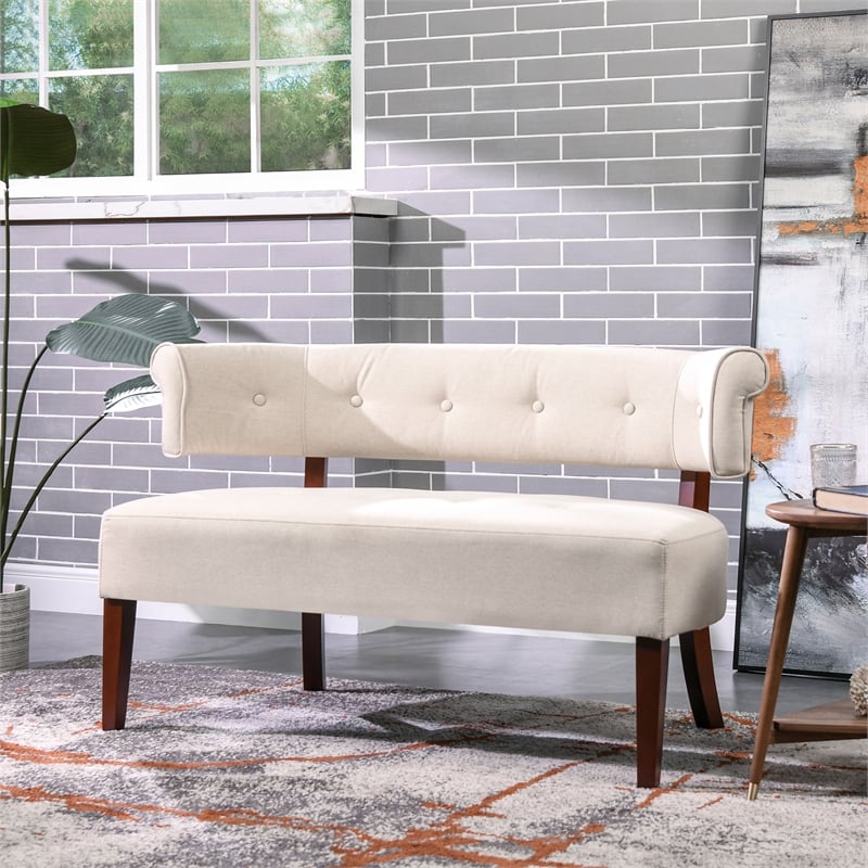 Maklaine Modern Roll Arm Tufted Polyester Fabric Bench in Cream