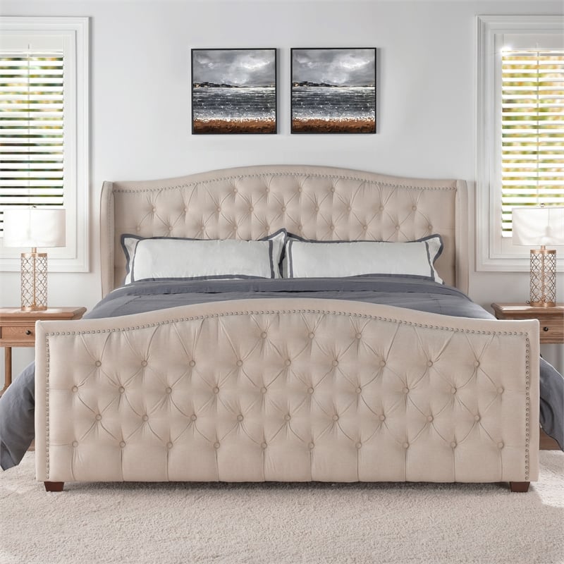 Maklaine Modern Hardwood Tufted Wingback King Bed in Sky Neutral