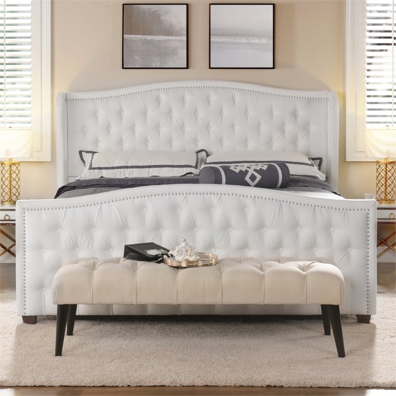 Maklaine Modern Hardwood Tufted Wingback King Bed in Bright White