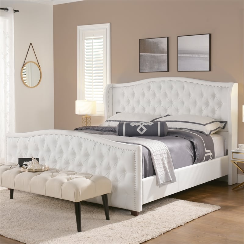 Maklaine Modern Hardwood Tufted Wingback King Bed in Bright White