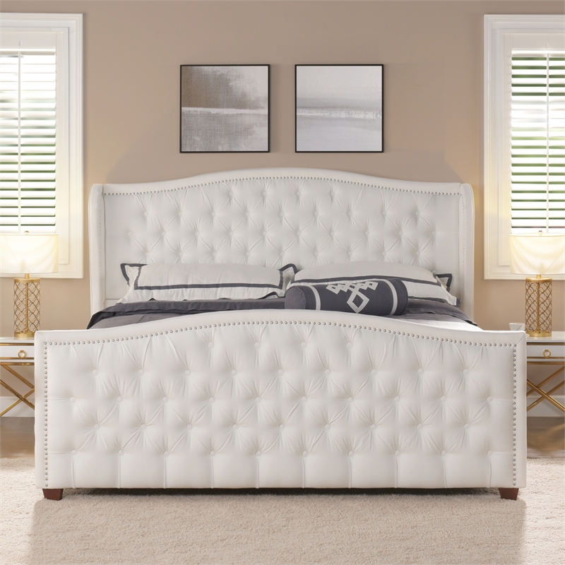 Maklaine Modern Hardwood Tufted Wingback King Bed in Bright White