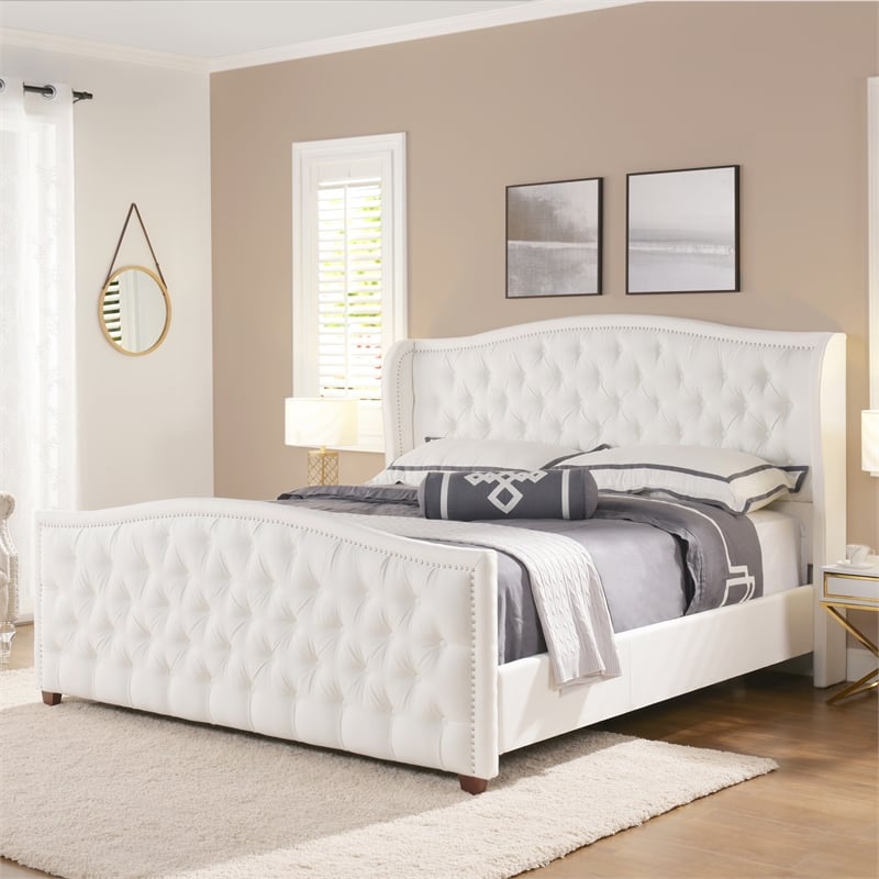 Maklaine Modern Hardwood Tufted Wingback King Bed in Bright White