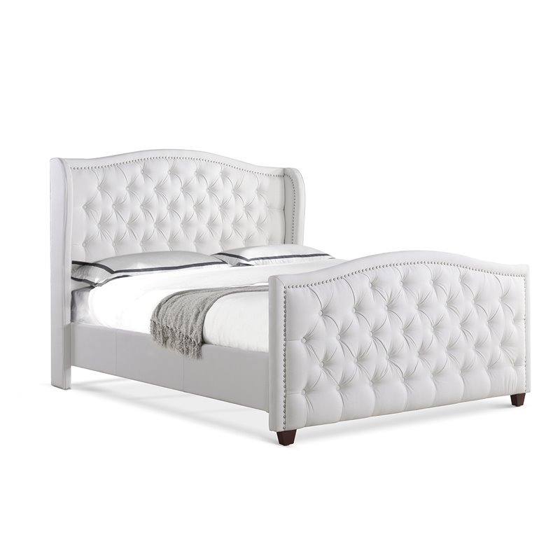Maklaine Modern Hardwood Tufted Wingback Queen Bed in Bright White