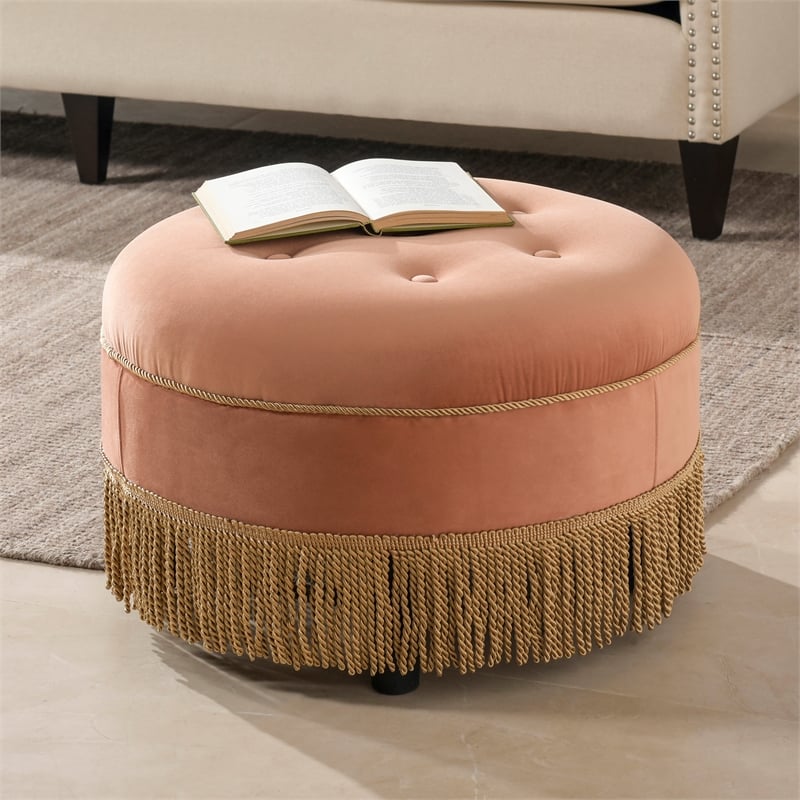 Maklaine Traditional Tufted Decorative Round Ottoman in Orange