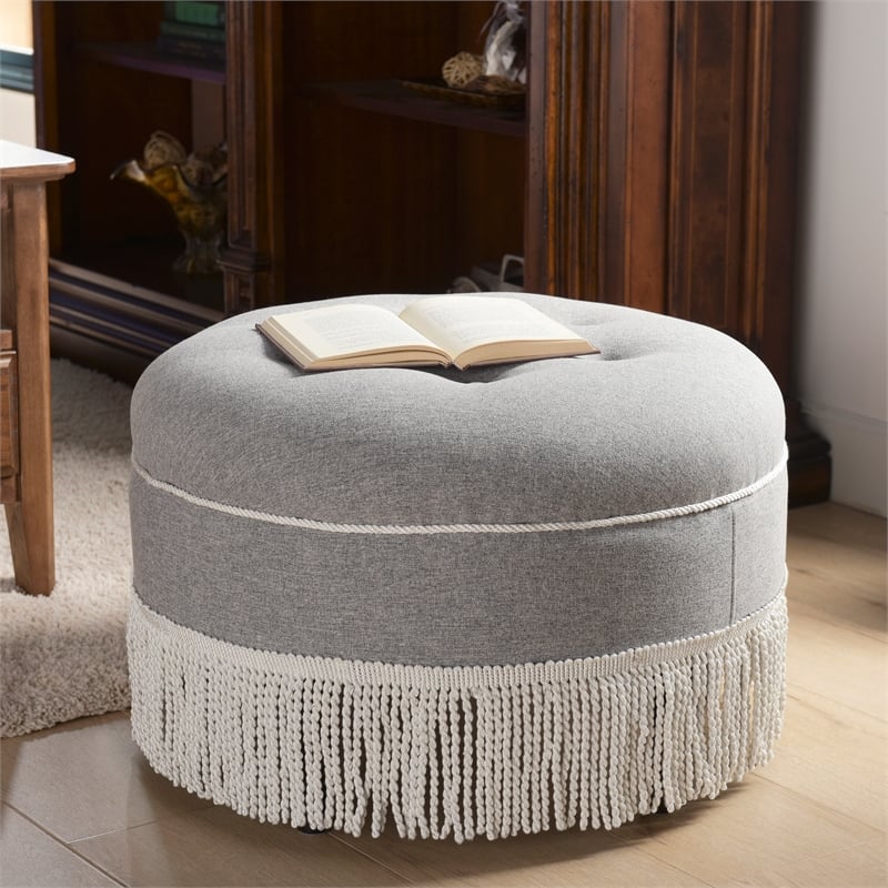 Maklaine Traditional Tufted Decorative Round Ottoman in Light Grey