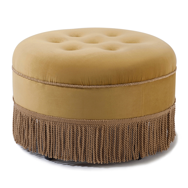Maklaine Traditional Tufted Decorative Round Ottoman in Gold Velvet