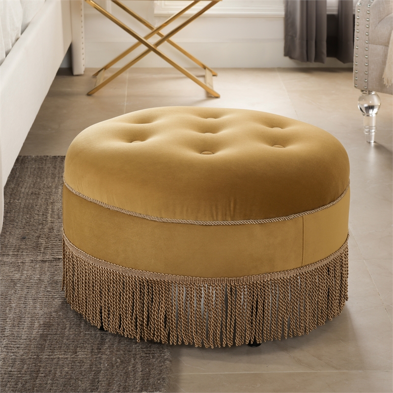 Maklaine Traditional Tufted Decorative Round Ottoman in Gold Velvet